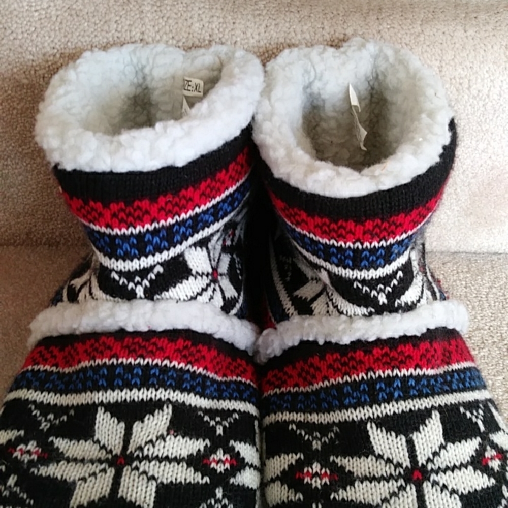 Fair Isle Faux Sherpa Bootie Snowflake Slippers XL Red White Blue Black - Picture 6 of 11